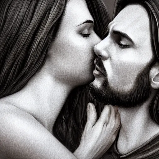 Prompt: jesus kissing a sensual woman in jerusalem, elegant, highly detailed, digital painting, artstation, concept art, matte, sharp focus, highly detailed, 4 k, hdr, smooth, sharp focus, high resolution, award - winning photo, photorealistic large shot