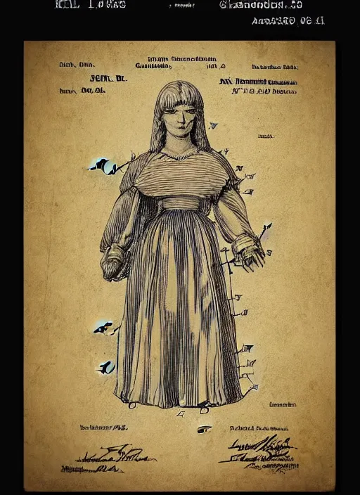 Image similar to vintage patent art for a kenner action figure by leonardo davinci, illustrations, intricate writing, labels, highly detailed