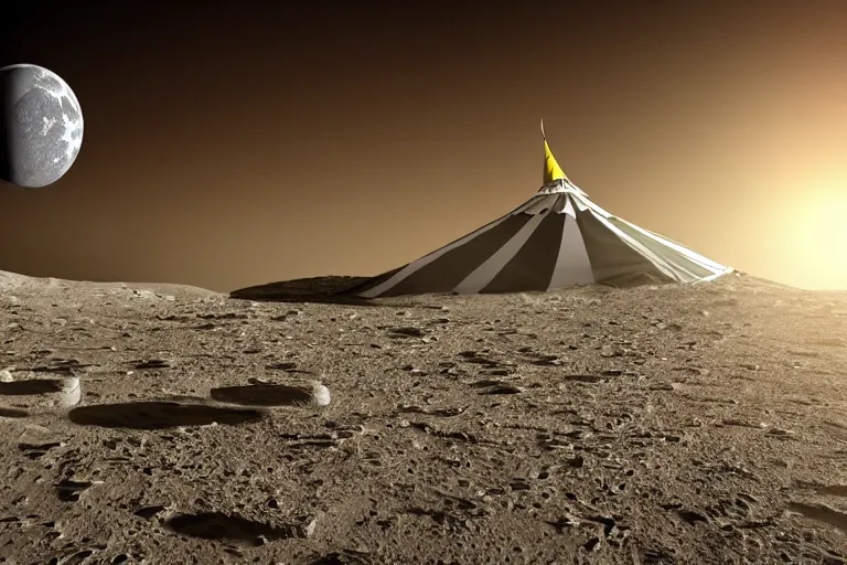 Image similar to circus tent on the surface of the moon, circus, magical, warm light, photo realistic