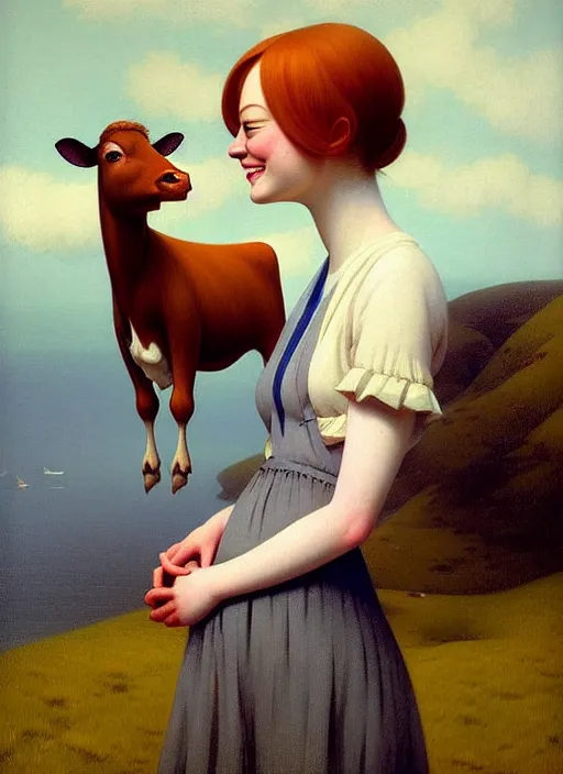 Image similar to hyper detailed 3 d render like a oil painting - cute portrait of emma stone with a smiling cow looking over her shoulder by ryden, kawase hasui, dorothea tanning, edward hopper and james gilleard, aivazovsky, beksinski, outram, artstation