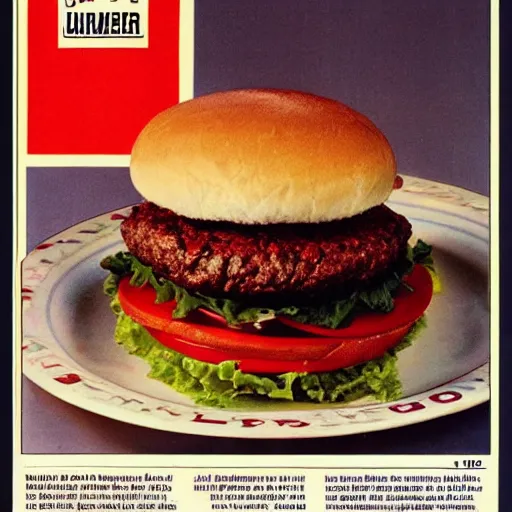 Prompt: a magazine ad for a hamburger from 1 9 6 5