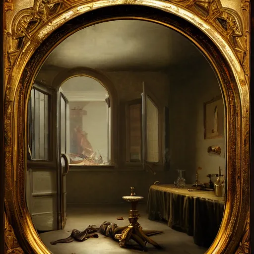 Image similar to a surreal painting by willem claesz heda of a doorway to imagination, intricate, elegant, masterpiece, trending on artstation, extremely detailed