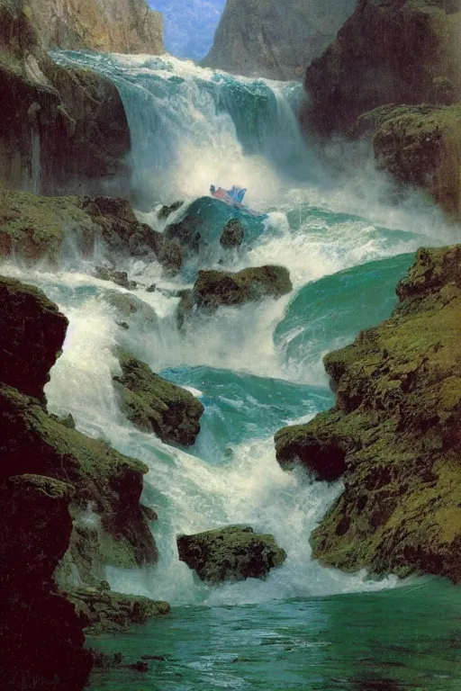 Image similar to a sea serpent emerges from lake in canadian rockies, water splashes cascades, beautiful day, by albert bierstadt, ruan jia, lawrence alma tadema, zdzislaw beksinski, carl spitzweg, everett raymond kinstler, norman rockwell, jack kirby, tom lovell, greg staples