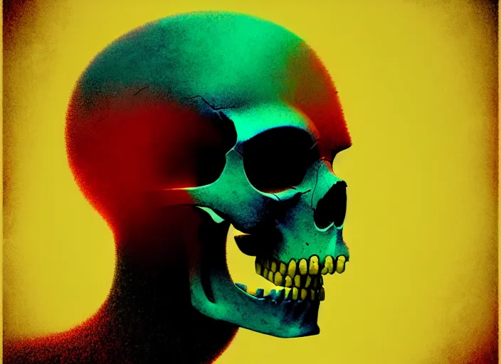 Image similar to portrait of a zombie skull, colorful, modern art deco, mads berg, karolis strautniekas, christopher balaskas, stippled light, fog, moody, fine texture, editorial illustration, dramatic lighting, dynamic composition, detailed, matte print, dynamic perspective, muted color