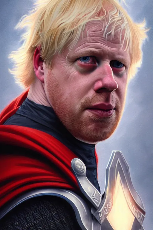 Image similar to Boris Johnson as Thor, realistic portrait, symmetrical, highly detailed, digital painting, artstation, concept art, smooth, sharp focus, illustration, cinematic lighting, art by artgerm and greg rutkowski and alphonse mucha