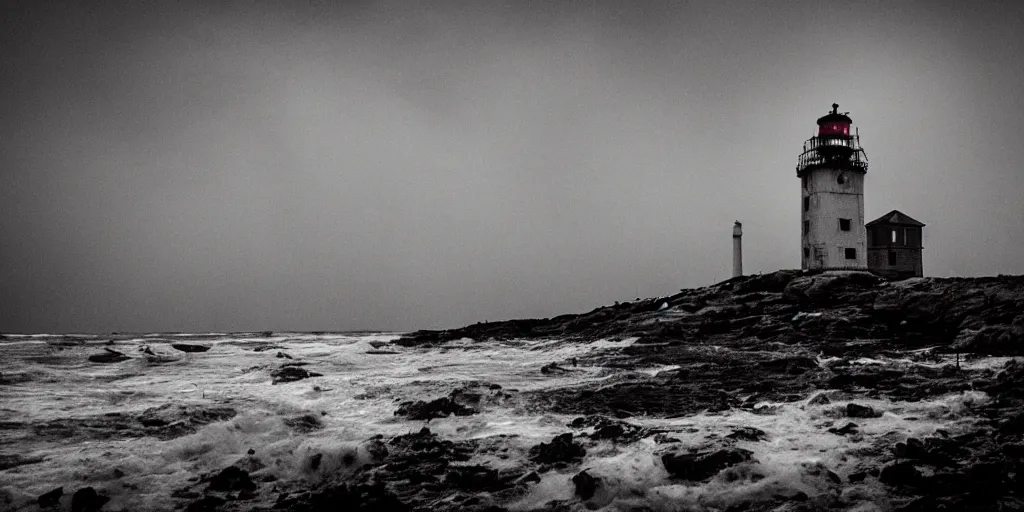 Prompt: Eerie tall dilapidated light house at night, storm raging, worn, rusted, falling apart