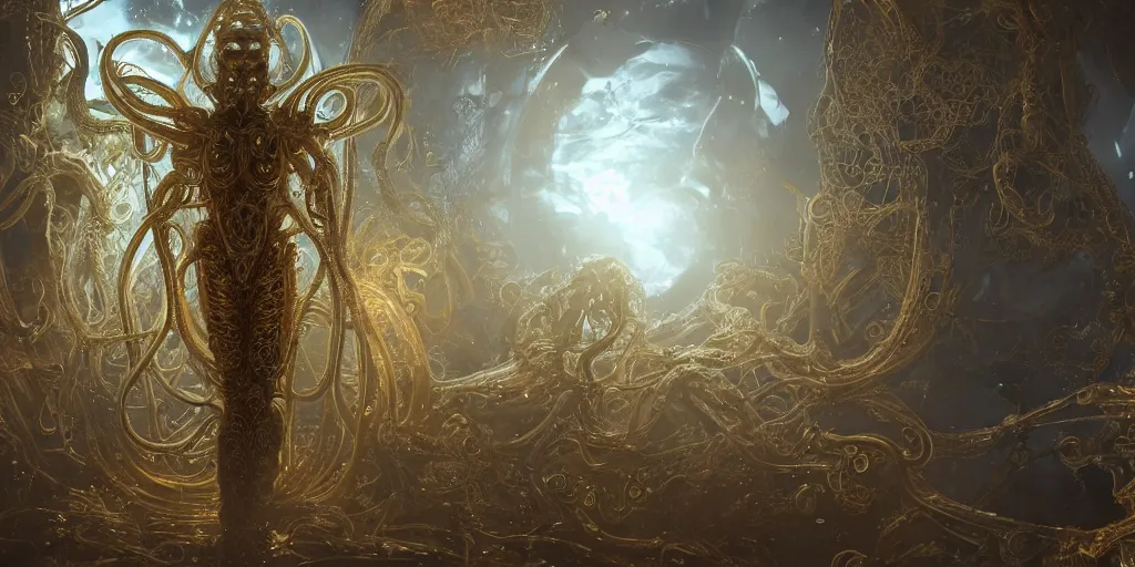 Prompt: a photo of 8k ultra realistic corrupted lovecraftian golden humanoid queen standing next to a spaceship window, 8 intricate white and gold tentacles, ornate white and gold armour, cinematic lighting, trending on artstation, 4k, hyperrealistic, focused, high details, unreal engine 5, cinematic, masterpiece