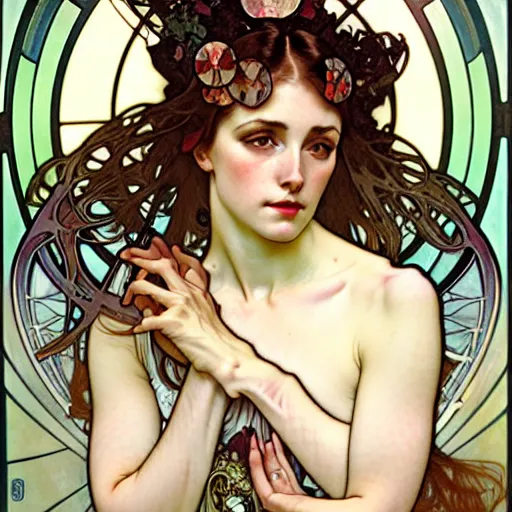 Prompt: realistic detailed face portrait of Mia Kirschner in the style of Alphonse Mucha by Alphonse Mucha, Ayami Kojima, Yoshitaka Amano, Charlie Bowater, Greg Hildebrandt, Jean Delville, Adam Hughes, Karol Bak, and Mark Brooks, Art Nouveau, Pre-Raphaelite, Gothic Revival, exquisite fine details, 4k resolution