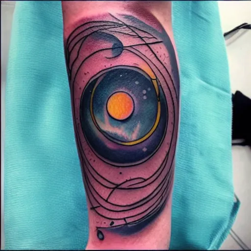 Image similar to tattoo design of abstract solar system with orbits and planets, thin lines of ink with colors