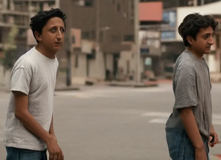 Prompt: First Official image from Cardboard, new drama film directed by Spike Jonze starring Tony Revolori as a Philadelphia b-boy in 1990, shot on Kodak Vision 200T, stunning cinematography, light diffusion, film grain, 8k print.