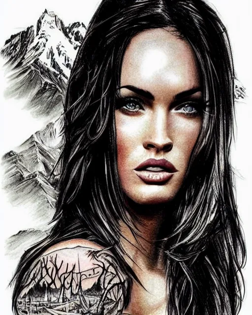 Image similar to double exposure effect tattoo design sketch of megan fox with amazing mountain scenery, realism tattoo, in the style of den yakovlev, amazing detail, sharp