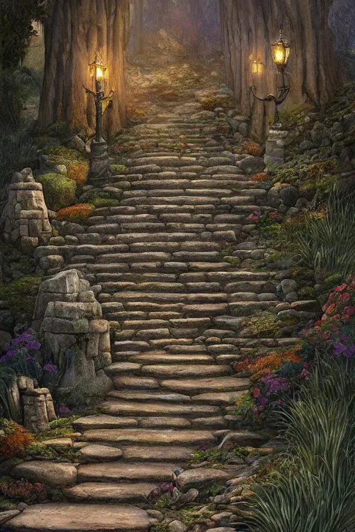 Prompt: stone steps fantasy landscape artstation by emilia dziubak, will terry, greg olsen, chris mars, ann long, and mark brooks, dramatic, fairytale, art nouveau, victorian, neo - gothic, gothic,, storybook design