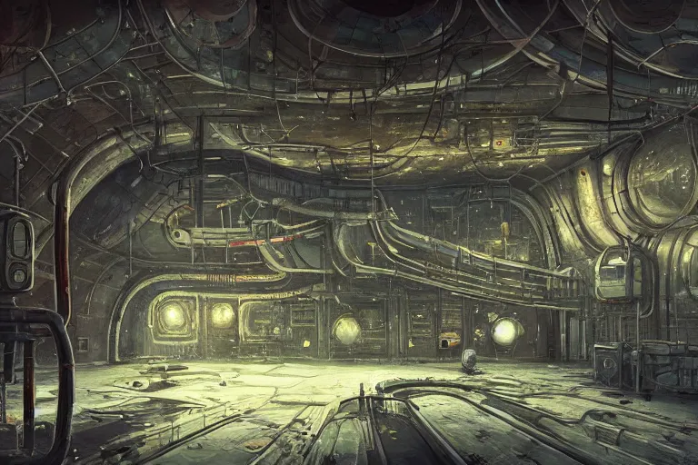 Image similar to A beautiful painting of inside of old abandoned space station with shiny metal pipes in machinarium by yann souetre, Trending on artstation.