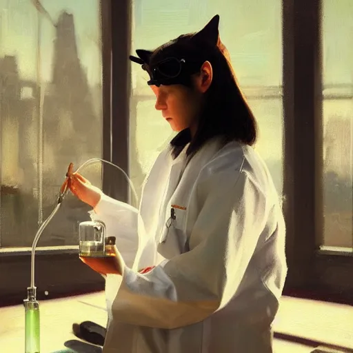 Image similar to girl with cat ears wearing a labcoat in a biology lab, microscope on table, expressive oil painting, trending on artstation, sunlit, octane render, by jeremy lipking, beautiful lighting