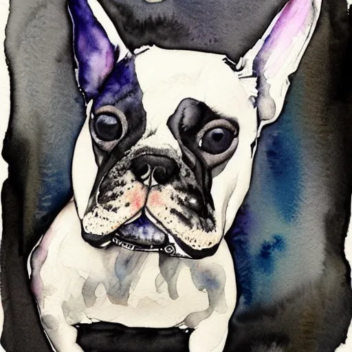 Prompt: watercolor portrait of a French bulldog in a leather biker jacket —n 4