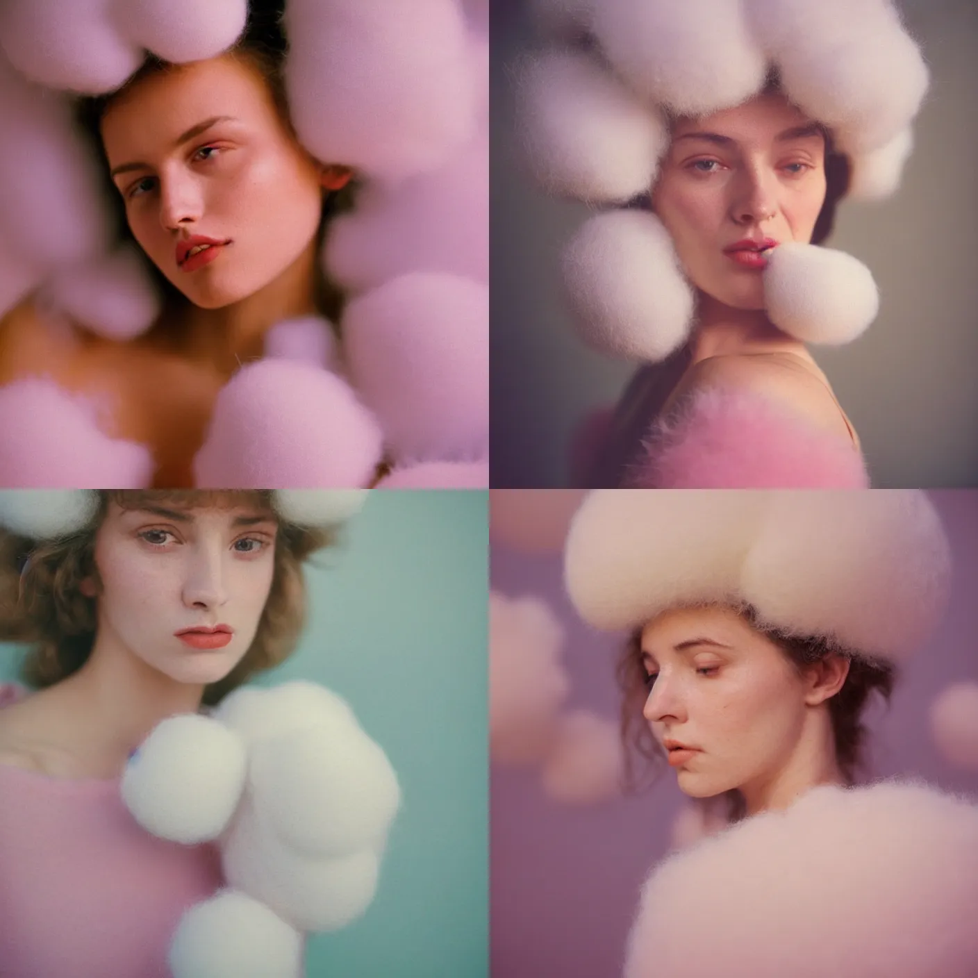 Prompt: An vintage analog head and shoulder frontal face portrait photography of a woman surrounded by thousand fluffy soft giant! oversized! pastel colorful cotton balls by Maxim Nikolaev. Kodak Portra 800 film. shallow depth of field. (Depth of field). whirl bokeh!!. Golden hour. detailed. hq. realistic. warm light. muted colors. dark Mood. Filmic. Dreamy. lens flare. Mamiya 7ii, f/1.2, symmetrical balance, in-frame
