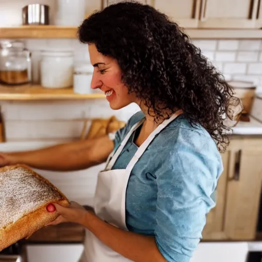 Image similar to modern oil painting of a happy woman with dark curly hair making sourdough in a bright kitchen