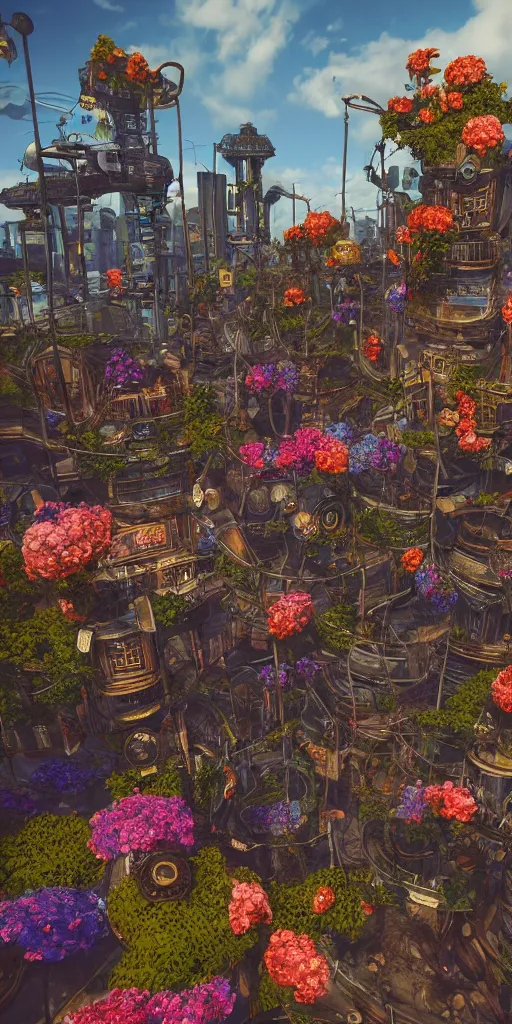 Image similar to technologic city with flowers on a steampunk land by borderlands, smooth, cinematic, wet reflections, ray tracing x, rtx, smooth