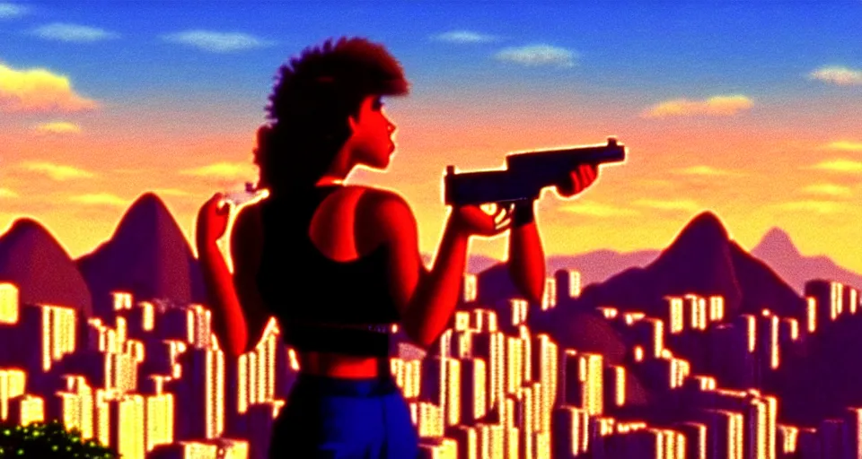 Image similar to 1 9 8 6 movie screencap of a girl with a gun on a rio de janeiro, gucci clothes, sparkes sky, beautiful favela background extremely utra high quality artwork 8 k