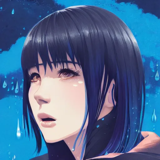 Image similar to water dripping on rimuru tempest, heavenly ripples, sky blue straight hair, bangs, with amber eyes, black jacket, high collar, ultra detailed, euphoric, masterpiece, digital painting, psychedelic, cinematic, wlop, pixiv, swirly, ilya kuvshinov, andy warhol