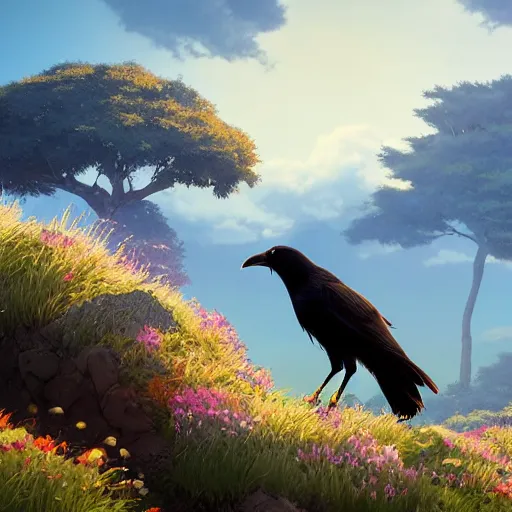 Prompt: a wholesome animation key shot of a crow on a hill, studio ghibli, pixar and disney animation, sharp, rendered in unreal engine 5, anime key art by greg rutkowski, bloom, dramatic lighting