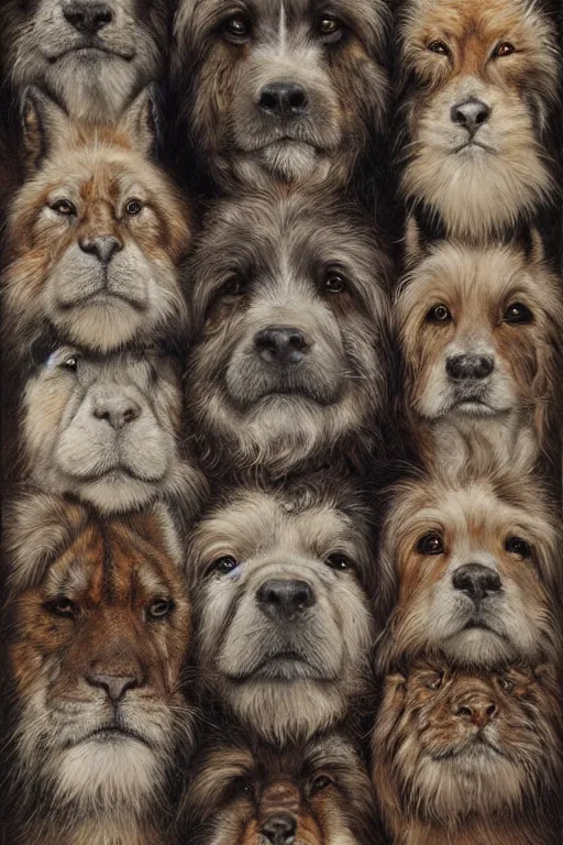 Prompt: portrait of multiple animals faces stacked and close to each others, by giancola, very detailed art, elegant, sophisticated, high resolution, smooth