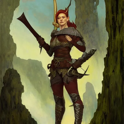 Image similar to half length portrait of hannah waddingham as an elf ranger, d & d, medieval, fantasy, royo, klimt, miro, vallejo, frazetta, alphonse mucha, greg rutkowski, whealan