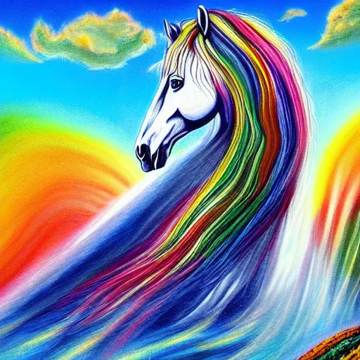 Prompt: white horse with long flowing rainbow mane standing on top of a hill with a waterfall detailed magical realism painting in the style of jacqueline wall