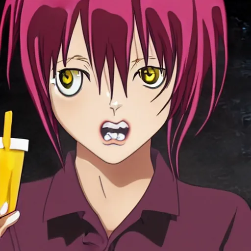 Prompt: lucy from elfen lied crying while eating a double cheese burger in the mcdonalds restroom, anime key visual, digital art