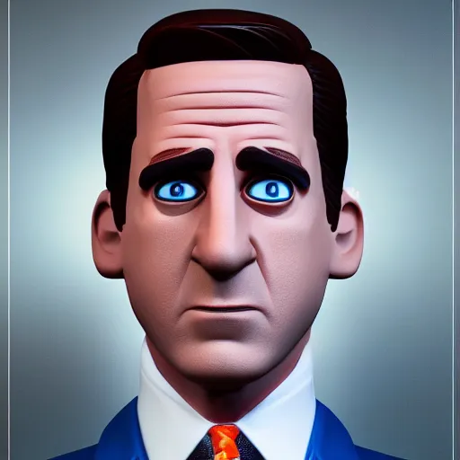 Prompt: hyperdetailed 3 d cartoon render of michael scott in a confident expressive pose, cartoon eyes!!!!! cute cartoon style, white background, low angle shot, cinematic studio lighting, studio quality, octane render, unreal engine 5, trending on artstation, 8 k