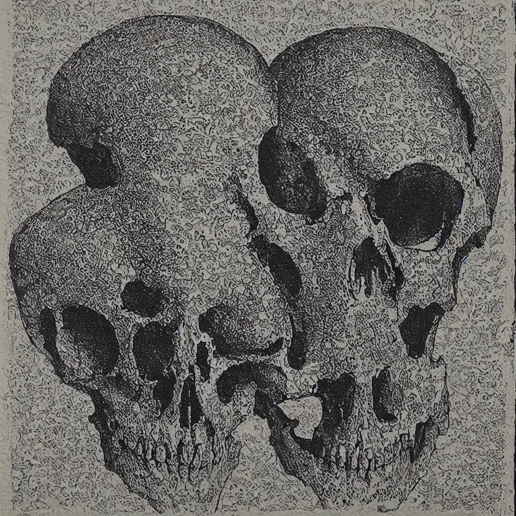 Image similar to blockprint of a skull