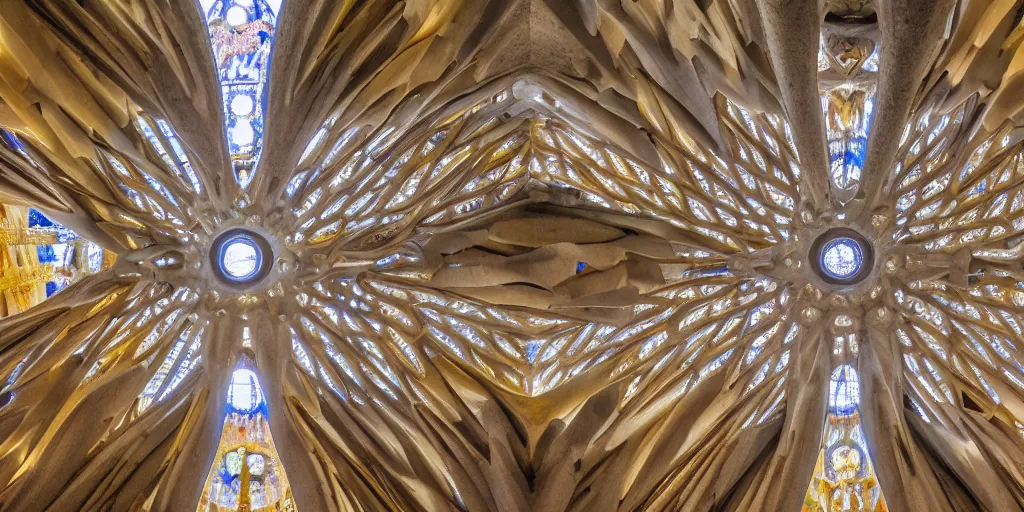 Image similar to sculpted Sagrada Familia ceiling by Antoni Gaudi, symmetrical