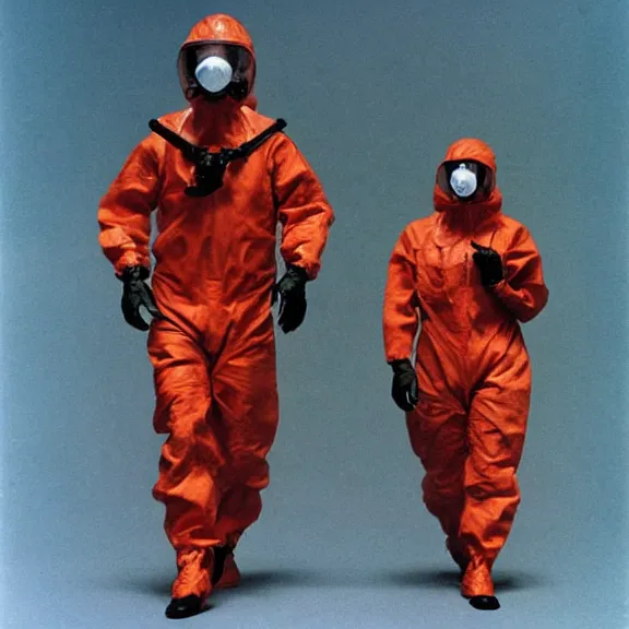 Prompt: two scientists wearing red hazmat suits designed by rick owens. they are escaping the geometric crystal wormhole. by frank frazetta