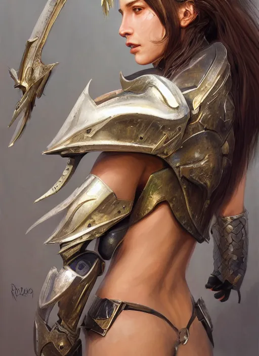 Image similar to a professional painting of a beautiful young female, wearing a metallic dragon-shaped helmet, semi-clothed in battle armor, olive skin, long dark hair, beautiful bone structure, symmetrical facial features, intricate, elegant, digital painting, concept art, smooth, sharp focus, illustration, from Metal Gear, by Ruan Jia and Mandy Jurgens and Greg Rutkowski and Artgerm and William-Adolphe Bouguerea