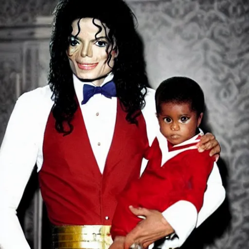 Image similar to michael jackson in a wonderwoman suit holding a baby