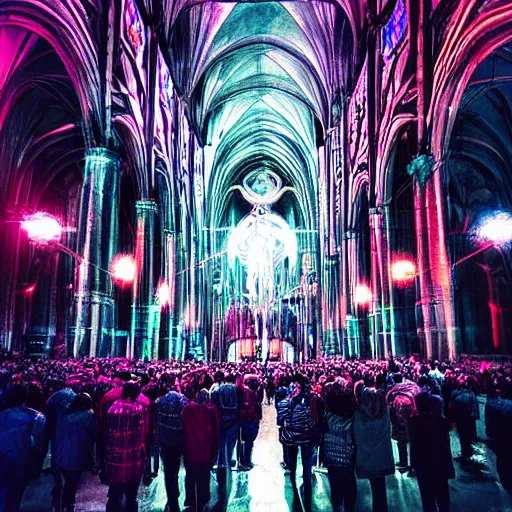 Image similar to “ a crowd of cyborgs praying to a bio - mechanical eldritch god inside a cathedral, futuristic, gothic, cyberpunk, lovecraftian, neon colors, geometric patterns, expressionist ”