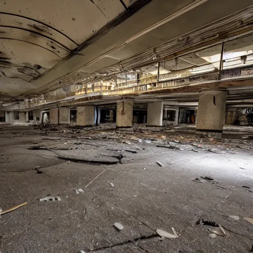 Image similar to huge holes in the floor in an abandoned mall, liminal space, bright overhead lights, wide angle photography