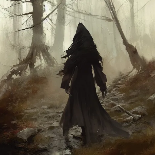 Image similar to a pilgrim witch walking through the woods, painted by raymond swanland, painted by greg rutkowski, painted by jeremy mann, painted by igor kieryluk, trending on artstation