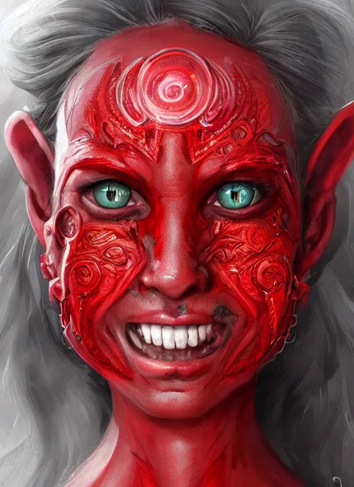 Image similar to red skin, Tiefling , smiling, beautiful detailed eyes, cute, fantasy, intricate, elegant, highly detailed, digital painting, 4k, HDR, concept art, detailed jewelry, smooth, sharp focus, illustration, by Eric Deschamps