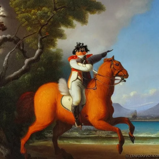 Image similar to a squirrel carrying napoleon bonaparte on its back, beach scene with flowers and foliage, detailed oil painting