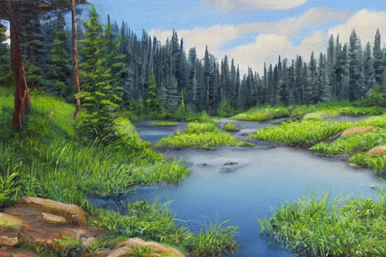 Prompt: landscape painting, forest lake, hd 8 k photorealism