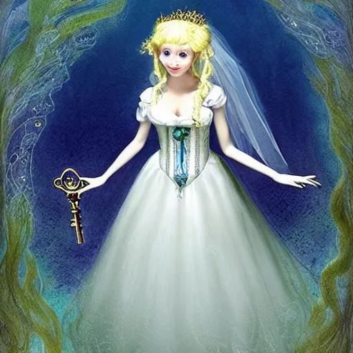 Image similar to A white haired, (((happy))) elf princess, dressed in a frilly ((lace)), wedding dress, is ((holding a key)). Everything is underwater! and floating. Greenish blue tones, theatrical, (((underwater lights))), high contrasts, fantasy water color, inspired by John Everett Millais's Ophelia