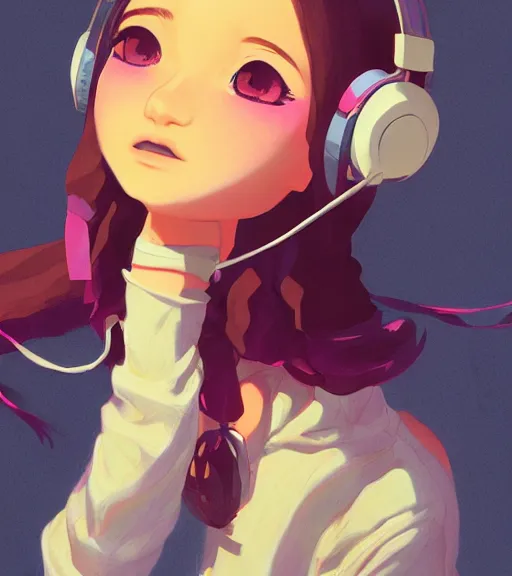 Image similar to beautiful little girl character inspired by 9 0's fashion and by madeline from celeste, art by rossdraws, wlop, ilya kuvshinov, artgem lau, sakimichan and makoto shinkai, concept art, headphones, anatomically correct, extremely coherent, realistic, hd