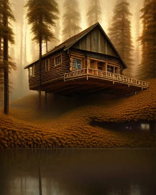 Image similar to a hyper - detailed 3 d render like an oil painting of cabin in the woods floating inside our own consciousness!!!!! surreal concept art, lifelike, photorealistic, digital painting, aesthetic, smooth, sharp focus, artstation hd, by greg rutkowski, bruce pennington, valentina remenar, rhads, asher duran,