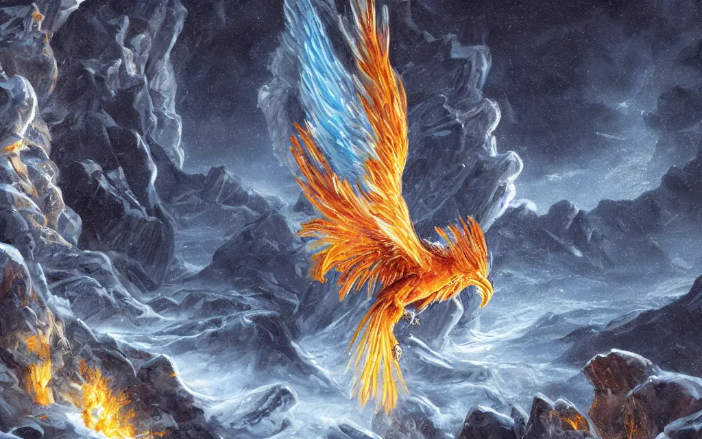 Prompt: game cg painting of a phoenix, a phoenix in a mountain range of ice and snow in nirvana