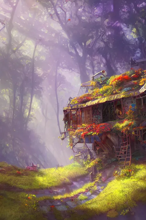 Image similar to a cheerful and whimsical ramshackle multistory hut in the woods, intricate, elegant, fantasy, highly detailed, digital painting, concept art, sharp focus, illustration, beautiful volumetric lighting, epic light, artstation, magic hour lighting, colorful, sunshine, springtime, art by Pixar