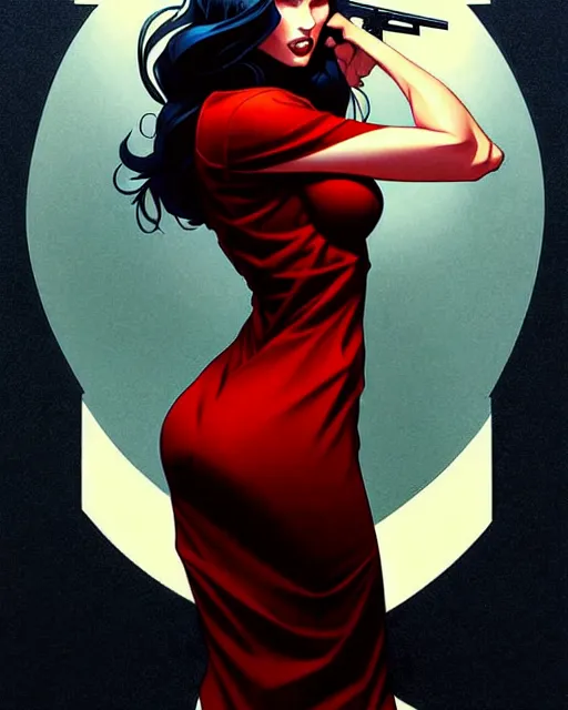 Image similar to artgerm, joshua middleton comic cover art, full body pretty megan fox holding a shotgun, red dress, symmetrical eyes, symmetrical face, long curly black hair, dark city background, cinematic lighting