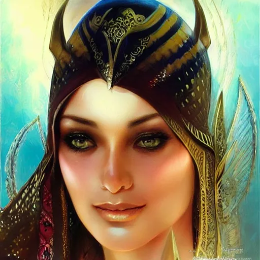 Image similar to a beautiful arabian woman by karol bak, ayami kojima, artgerm, arabian beauty, blue eyes, smile, concept art, fantasy