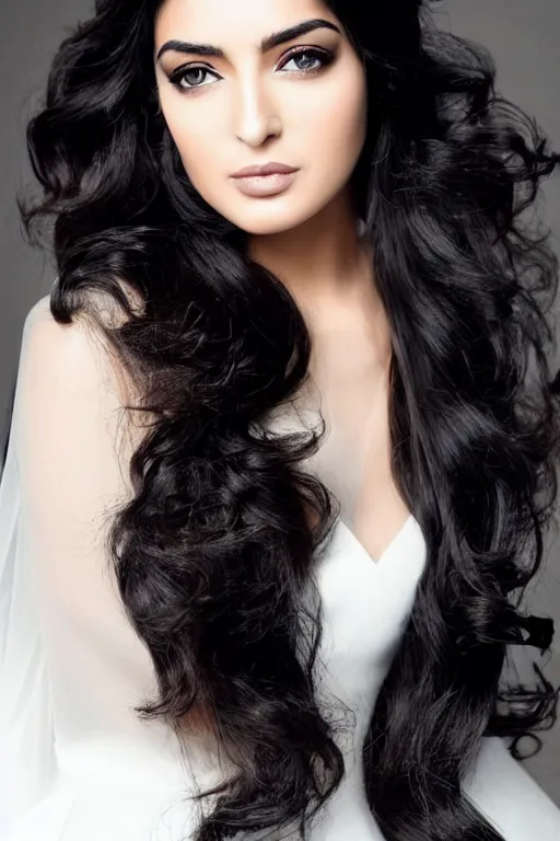 Prompt: Ameera al-Taweel, blue eyes, long wavy black hair, fierce look, white veil, closeup, focus face