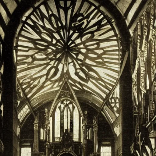 Prompt: an early photograph of a steampunk cathedral with god rays from the 19th century